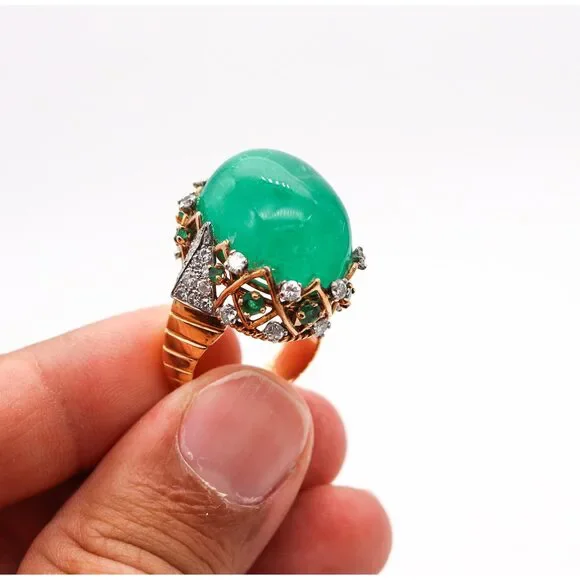 PIERRE STERLE 1955 Cocktail Ring 18Kt Platinum 43.49 Ctw Emerald & Diamonds - Picture 8 of 8